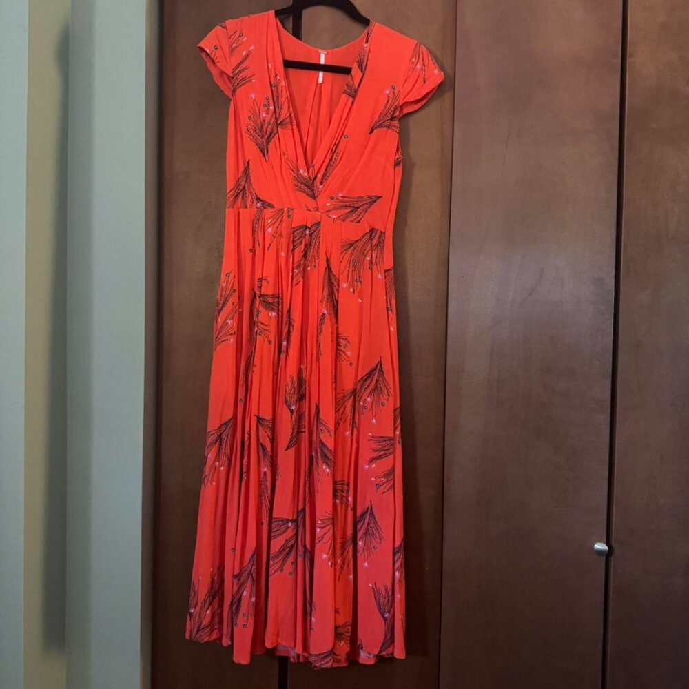 Free People Red Floral Deep V Neck Maxi Dress size 6